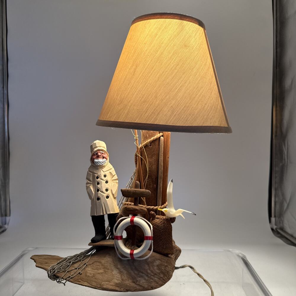Hand Carved Driftwood Sea Captain Fisherman Lamp Nautical Folk Art 17.5” High